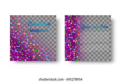 Invitation card design with rainbow confetti flying on a purple backdrop