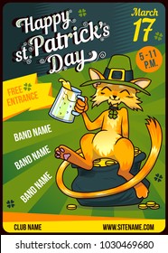 Invitation Card Design Saint Patricks Day Party poster template. Cartoon drinking Cat in green hat on gold. Place for your text.