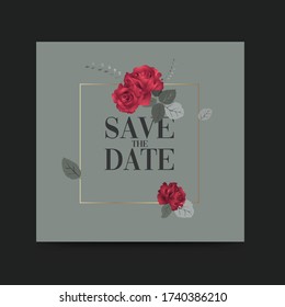 Diseño de tarjeta de invitación. Salven la fecha, Gris, oro, rosas rojas y hojas. Romántico, matrimonio, invitación, compromiso, celebración.