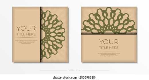 Invitation card design with space for your text and abstract patterns. Vector Print Ready Beige Color Postcard Design with Mandala Patterns.
