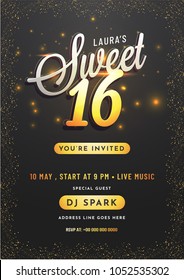 Invitation card design for Sweet 16 party celebration.