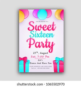 Invitation card design for Sweet 16 party celebration.