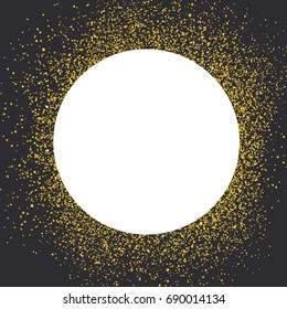 Invitation card design template. Black background and white circle shaped copyspace with golden chaotic dots. 