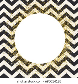 Invitation card design template. Chevron seamless pattern and white circle shaped copyspace with golden chaotic dots. 