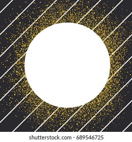 Invitation card design template. Diagonal black lines pattern and white circle shaped copyspace with golden chaotic dots. 