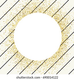 Invitation card design template. Diagonal thin black lines seamless pattern and white circle shaped copy space with golden chaotic dots. 