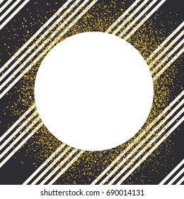 Invitation card design template. Diagonall white lines seamless pattern and white circle shaped copyspace with golden chaotic dots. 