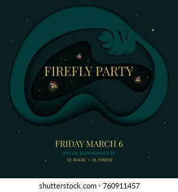 Invitation card design template with fireflies on green exotic tropical background. Party poster with luminous bugs glowing at night. Vector illustration made in 3D paper cut and craft style. 