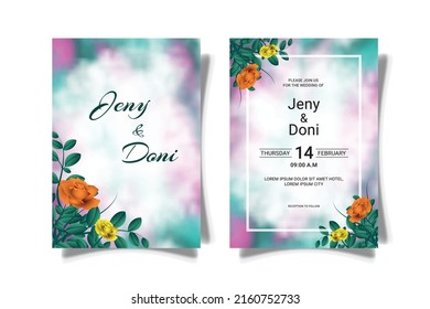 invitation card design template with rose flower ornament, watercolor style background vector