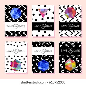 Invitation card design template set. Editable layout for birthday, party invitation, wedding, baby shower, valentines day. Trendy geometric memphis style pattern background