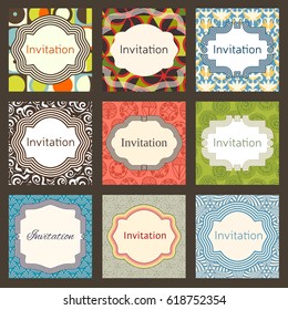 Invitation card design template set. Editable layout for birthday, party invitation, wedding, baby shower, valentines day. Trendy geometric memphis style pattern background