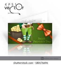 Invitation Card Design, Template. St. Patrick's Day. Leprechaun With Pot Of Gold. Vector Illustration. Eps 10.