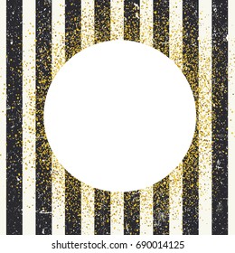 Invitation card design template. Vertical aged black lines seamless pattern and white circle shaped copyspace with golden chaotic dots. 