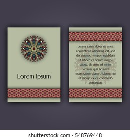 Invitation card design template. Vintage decorative elements with mandala, delicate floral pattern. Islam, Arabic, Indian, ottoman, aztec motifs