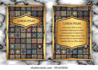 Invitation card design template. Vintage decorative elements with mandala, delicate floral pattern. Islam, Arabic, Indian, ottoman, aztec motifs