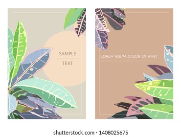 Invitation card design of tropical plants (croton) leaves pastel tint color, simple and minimal flat design template