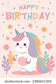 Invitation card design with unicorn and flowers for birthday party. Template vector illustration on pastel background. 
