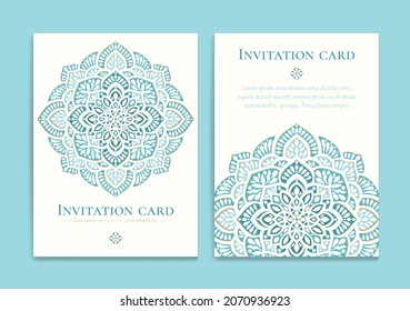 Einladung Karte Design mit Vektormandala Muster. Vintage-Schmuckvorlage. Kann für Hintergrund und Bildschirmhintergrund verwendet werden. Elegante und klassische Vektorelemente, ideal für die Dekoration.