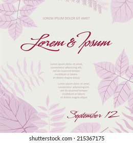 Invitation card design in vector with pink autumn leaves. You can use it for invitations, flyers, postcards, cards and so on.