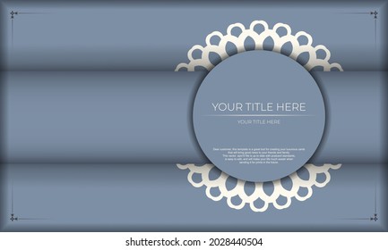 Diseño de tarjetas de invitación con patrones vintage. Banner azul con adornos lujosos y lugar para tu texto.