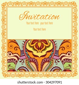 Invitation card design in vintage style with tribal ethnic ornamental pattern and lace border, arabic indian motif.