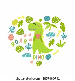 Invitation card for a dinosaur party, birthday, kids party, baby shower. Background with cute dinosaurs.