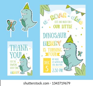 Invitation card for a dinosaur party And Thank You Card For Children. Child Dinosaur Invitation Card - Vector