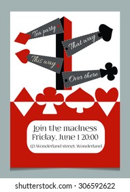 Invitation card "Direction arrows" from Wonderland.  Printable Vector Illustration for Graphic Projects, Real Life Parties and the Internet. Invitation Card for a Theme Party