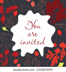 Invitation Card with the dog rose and daisy plant parts made in color and Outlines Placed Around. Freeform shape in the center. Colored Background. Vector Illustration for Magazine, Poster, Card, etc.