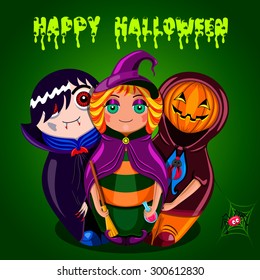 Invitation card with a doll in dressed as a witch, a vampire, Halloween pumpkin. Cute characters in Halloween costumes. Vector illustration. EPS 10