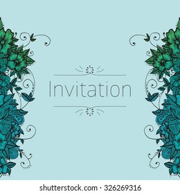 Invitation card with doodle flowers on blue background. Vector illustration.
