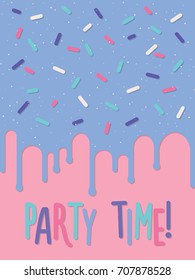Invitation card with dripping glaze on decorated cake. Party time