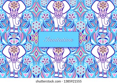 Invitation card with elephants and abstract flowers