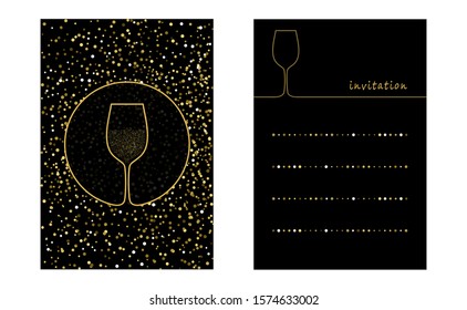 Invitation card for the event in luxury style with a glass of wine and gold sparkles, a card for a party 