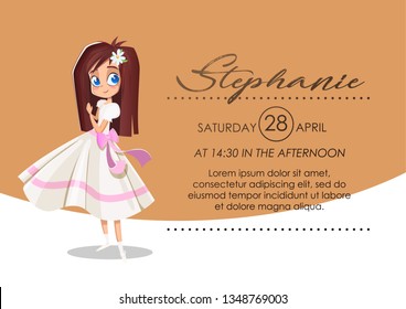 Invitation card First communion: Brunette girl with big eyes and white dress with details in pink