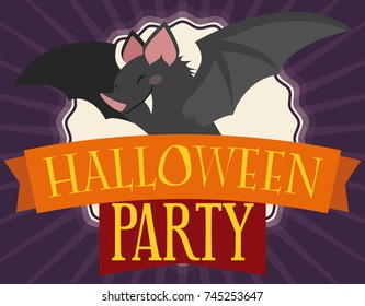 Invitation card in flat style with mischievous smiling bat over greeting ribbons inviting you to the Halloween party.