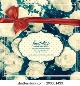 Invitation card with floral design elements and photo of roses on background