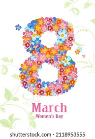 invitation card with floral eight figure of colorful tiny flowers. happy women's day