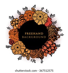 Invitation card with a floral frame. Wreath with doodle flowers.