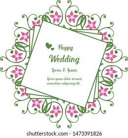 Invitation card with floral ornament, pattern elegant frame, lettering of happy wedding. Vector