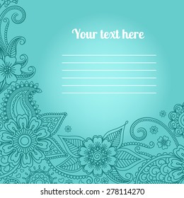 Invitation card with floral paisley pattern on blue background