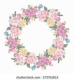 Invitation card with floral round wreath in pastel colors colors. Roses, decorative peas, buttercups. Vintage vector illustration.