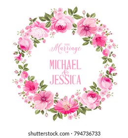 Invitation card with floral whreath of roses and template text. Vector illustration.