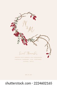 Invitation card with floral wreath. Asymmetrical.  Winter berries. Colorful.