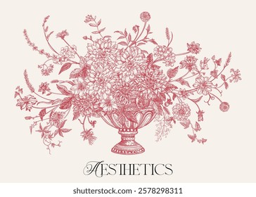 Invitation card with a flowerpot and a lush autumn bouquet. Composition of flowers, berries and herbs. Vector botanical illustration. Vintage engraving style. Garden aesthetics. Horizontal format. Red