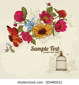 invitation card with flowers in and birdcage vector eps10