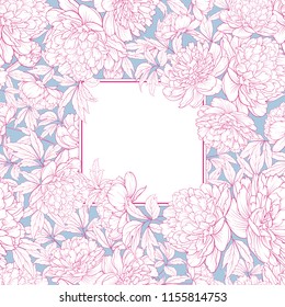 Invitation card with flowers. Blossom design for you personal cover. Wedding Peony pattern. Floral theme for book cover. Botanical texture illustration in style of engraving. Vector illustration.