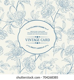 Invitation card with flowers. Blossom design for you personal cover. Peony pattern. Floral theme for book cover. Botanical texture illustration in style of engraving. Vector illustration.