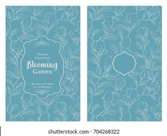 Invitation card with flowers. Blossom magnolia for you personal cover. Magnolia pattern. Floral theme for book cover. Botanical texture illustration in style of engraving. Vector illustration.