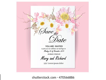 invitation card flowers concept come with pink color tree flower bouquet cherry blossom,cosmos,and water lily or lotus